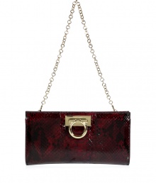 Give dressy evening looks an exquisitely luxurious polish with Salvatore Ferragamos rich bordeaux python clutch - Hidden magnetic top snap, removable chain link shoulder strap, chocolate sueded lining with back wall slot pocket - Wear with tonal evening gown and jet black strappy sandals