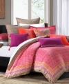 A kaleidoscope of color. Featuring bright, bold hues and geometric patterns inspired by the artistry of Mayan designs, this Echo comforter set makes an exotic statement. Flip the comforter and sham to reveal a gray geo print. Comforter features tackless stitching for clean finish; shams feature overlap closure.