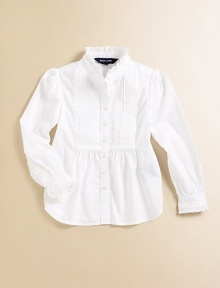 A classic tuxedo shirt is accented with a pintucked bib and pretty ruffles for a girly look.Ruffled stand collarLong sleeves with ruffled-trim barrel cuffsButton-frontPintucked bibCottonMachine washImported Please note: Number of buttons may vary depending on size ordered. 