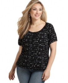 Floral embroidery lends romantic elegance to Karen Scott's short sleeve plus size henley top.