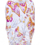 Dress up spring looks with a whimsical edge in Emilio Puccis butterfly print draped jersey top - Wide neckline, draped dolman cap sleeves - Loosely draped fit - Wear with a pencil skirt and just as bright heels