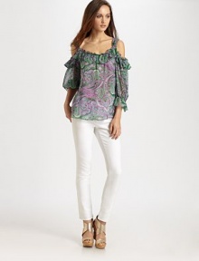 Breezy paisley-print silk hangs off the shoulders in this ruffled topper.Wide strapsOpen shouldersGathered sleevesPullover styleAbout 27 from shoulder to hemSilkDry cleanImported of USA fabric