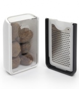 The (grate)st way to freshen up meals! Draw out the rich flavors of your meals by adding nutmeg, ginger, cinnamon and beyond with this easy-to-use grater, which features etched extra-sharp blades, a container sleeve to store your gratings and an additional compartment to hold your whole spices. Lifetime warranty.