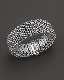 Sterling silver wide caviar beaded bracelet. Designed by Lagos.