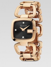 From the G-Gucci Collection. A warm style constructed of pink goldtone PVD and accented with dazzling diamonds. Swiss quartz movementWater resistant to 3 ATMRectangular goldtone PVD case, 24mm (.9) X 22.5mm (.8)Logo bezelBlack sun-brushed dialDiamond markersPink goldtone PVD link braceletMade in Switzerland 