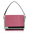 Detailed in a contemporary mix of smooth and textural contrast-hued leathers, Jil Sanders colorblocked clutch is a cool choice perfect for adding a punch of color to your outfit - Two sectional flap pockets, outside flap with embossed logo and hidden magnetic snap, removable handle in tonal metallic mint leather, stitched back slot pocket - Wear with monochrome separates and streamlined nude accessories