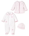 Ruffles adorn the collar, cuffs and feet of the bodysuit, and scalloped trim adds a pretty finish to the cardigan and cap in this 3-piece set from Kissy Kissy.