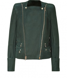 With a feminine bold-shoulder silhouette, this biker-inspired leather jacket from Balmain is a guaranteed statement-maker - Square neckline, accentuated shoulders, dual-zip front closure, zip pockets with stud details, long sleeves with wide button cuffs, decorative flap at back yoke, fitted silhouette - Style with a blouse and a pencil skirt or with skinny jeans, a tee, and heels