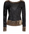 Shimmer into evening elegance in By Malene Birgers dramatic sequined top, a contemporary-chic choice guaranteed to make an impact - Wide neckline, V-back, long sleeves, contrast gold sequined trim - Fitted - Wear with everything from jeans and heels to mini-skirts and ankle boots