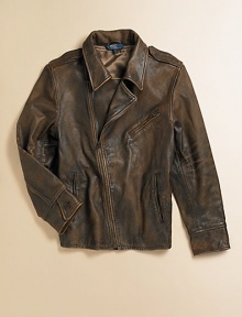 The Sierra leather jacket combines luxurious and rugged details for iconic heritage style.Pointed collarLong sleeves with single-button cuffsAsymmetrical front zipVentilating underarm grommetsAngled zip pocketsSlanted hand pocketsAdjustable side bucklesInterior chest pocketFully linedLeatherHand washImported