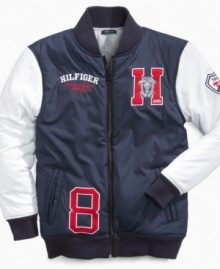 Your little slugger will be styling in this cute Tommy Hilfiger baseball jacket.