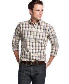 Add a pop of plaid into your wardrobe for a preppy upgrade with this slim-fitting woven shirt from Izod.