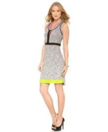 T Tahari makes this tweed dress ready for spring with bright pops of color at the neckline and hem. The fantastic fit ensures you'll look stylish well into this season and beyond!