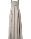 Luxurious dress in fine stone grey silk - wonderfully light and flattering - slim tank top with pleated bibb and button placket - elegant Empire waist - decorative embroidery - skirt is set high with trendy gathers and falls in soft folds - new maxi length to the ankle - simply a beautiful, feminine, romantic dress for many summer occasions - with peep toes or sandals