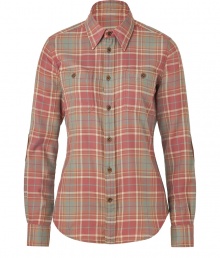 A modern country look comes to a classic button-down shirt - Created in tan and red plaid cotton for easy wear and a comfortable fit - Narrow-waisted silhouette, shirt collar, placket, two breast pockets, long sleeves and rounded seam edges - Features leather elbow patches - Casual hit with jeans, capris or denim mini skirts