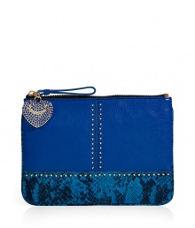 With a fantastic mix of solid and snake embossed leathers, Juicy Coutures versatile zip pouch is glam enough to carry as a mini clutch - Rivet embellishment, signature tonal pave embellished heart charm, top zip with leather pull, striped lining, inside zippered back wall pocket - Stash away in a covetable handbag or carry alone as a clutch