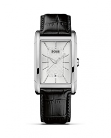 A classic timepiece with streamline design featuring applied indexes and two-texture dial with an outer sunray brush. A croc-embossed leather strap lends a sophisticated finish. From HUGO BOSS.