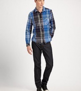 This slim-fitting silhouette comes alive in a bold plaid pattern.Button-frontChest patch pocketAbout 32 from shoulder to hemCottonMachine washImported