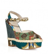 Inject quirky-cool style into your warm weather look with these luxe mixed print wedges from D&G Dolce & Gabbana - Peep-toe, ankle strap with buckle closure, woven-detailed wedge heel, all-over mixed print - Style with bohemian-inspired dresses or with an elevated jeans-and-tee ensemble