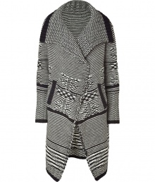 This thick cardigan is a perfect alternative to a jacket when the temperature dips - Designed in sophisticated global-inspired black and white wool pattern - New long form features a wide lapel, long arms and two front pockets - Buttonless - Creates a cozy, elegant and modern look when paired with skinny jeans and flats, or with a narrow skirt and knee-high boots