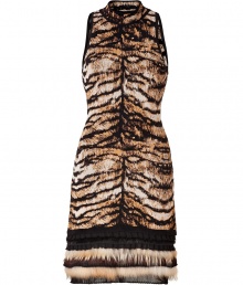 A luxe iteration of the brands iconic look, this fur-trimmed tiger print dress from Roberto Cavalli puts a glamorous spin on cocktail hour - High-neckline with black knit trim, sleeveless, tiered raccoon fur and ruffled black knit trim, pull-over style - Form-fitting - Wear with jet black accessories and statement fine jewelry