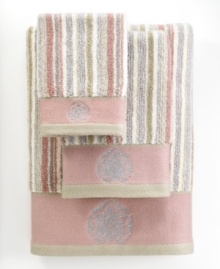 Sweet serenity. Offering a romantic and elegant composition for your bath space, this Aquarelle Embroidery hand towel features beautiful stripes in soft pastel hues. Embellished with subtle embroidery along the hem.