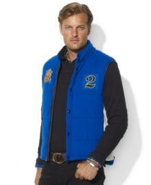 Support your country of choice in a quilted fleece vest with polished leather-trimmed details, a signature Ralph Lauren crest at the front and the country name and flag patch at the back.