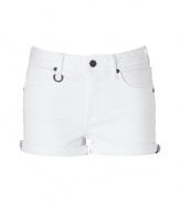 With a flattering fit and bright white stretch denim, Burberry Brits cuffed shorts lend a crisp modern polish to warm weather looks - Classic five-pocket style, button closure, belt loops, cuffed with characteristic check trim on side seams - Form-fitting - Wear with a brightly hued top and flats