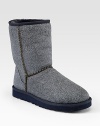 Infused with signature shearling lining, this denim-like painted suede design has shearling trim and a rubber sole for traction. Shaft, 8Leg circumference, 14Shearling and painted suede upperPull-on styleShearling liningRubber solePadded insoleImported