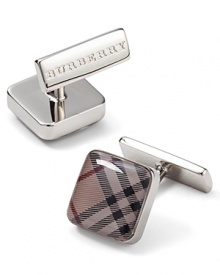 Square, borderless cufflinks with beat check pattern. Logo stamped on back of clasp closure.