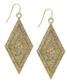 Dangling diamonds from Bar III. These drop earrings boast rows of golden and clear crystal accents for endless sparkle. Crafted in antiqued gold tone mixed metal. Approximate drop: 2-1/2 inches. Approximate width: 1-1/4 inches.