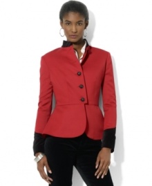 Crested metal buttons lend rich heritage style to Lauren Ralph Lauren's chic jacket, crafted for a traditional military look in sleek stretch wool tricotine with lush velvet accents.