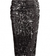 Ultra-luxe black and sequin skirt from Donna Karan - This sleek skirt adds instant glamour to your cocktail look - Figure-hugging silhouette, all-over sequin embellishment, and flattering draped detail- Wear with opaque tights, a simple top, and sky-high heels