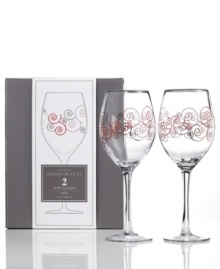 Red and platinum swirls play up a simply beautiful shape, giving this set of Charter Club's Novelty Swirl wine glasses a look that's fun yet refined.