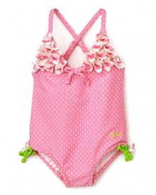 A flourish of rosette details in full bloom atop scattered polka dots make this one-piece by Juicy Couture a must add to her warm weather wardrobe.