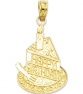 A perfectly personalized birthday gift! This sweet charm features a slice of birthday cake with a candle and the words, Happy Birthday, inscribed across the front. Crafted in 14k gold. Chain not included. Approximate length: 1 inch. Approximate width: 3/5 inch.