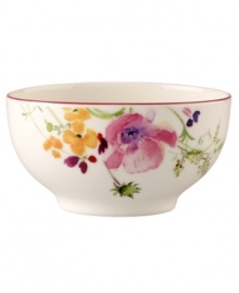 Prolong spring with the lively Mariefleur rice bowl. Splashy colors adorn premium white porcelain edged in red and designed for everyday dining. Mix and match with New Cottage dinnerware, also by Villeroy & Boch.