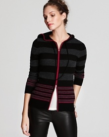 Crisp stripes and elbow patches lend retro inspiration to a cashmere C by Bloomingdale's hoodie. Layer it over your casual favorites for classically-cool look.