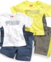 How sporty! He'll look like he's ready to hit the ground running in this athletic t-shirt and short set from Puma.