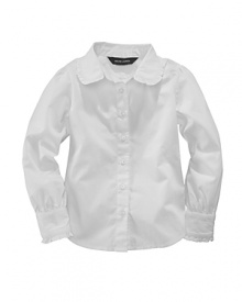 A preppy broadcloth cotton shirt is classically finished with a ruffle-trimmed club collar.