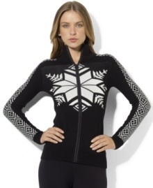 An intarsia-knit snowflake pattern enlivens Lauren Ralph Lauren's soft knit cotton sweater crafted in a sleek full-zip silhouette.