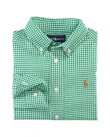 A handsome long-sleeved sport shirt is rendered in crisp gingham woven cotton broadcloth.