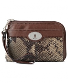 Wildly practical. Fossil brings a touch of the exotic to the everyday with this python-embossed leather design, featuring signature detailing and convenient wristlet strap. Slip it in your handbag or wear it on its own, for an exotic way to stay organized.