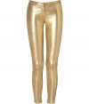 Channel your inner rock goddess in these curve-hugging gold leather pants from Faith Connexion - Seam-detailed waistband, side details, and back, cropped fit, slim silhouette - Pair with an asymmetrical hem blouse, sky-high platforms, and a statement satchel