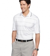 Master those eighteen holes in first class style with this striped performance polo from Greg Norman for Tasso Elba.