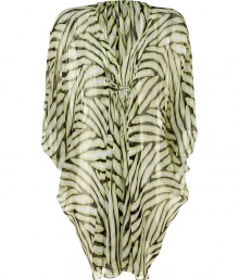 Super stylish herringbone acid lime caftan from Diane von Furstenburg - Amp up your resort-ready style with this vibrant and luxe silk caftan - High neckline, flutter sleeves, tie-front closure, asymmetrical hem, all-over print - Pair with a DVF bikini, platform sandals, and an ethnic-inspired necklace