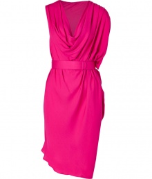 Inject dramatic style into your cocktail-ready look with this radiant draped dress from Halston Heritage - Asymmetrical one-shoulder cowl neckline, draped shoulder, tailored waist with an adjustable belt, allover draping - Softly fitted - Style with platform sandals and a statement clutch