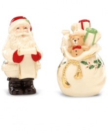 Great shakes. Checking it Twice salt and pepper shakers feature Santa and a sack of gifts with gold accents and a holly motif to match the beloved Holiday dinnerware pattern by Lenox.