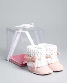 Juicy Couture combines a cool trendy look and a classic baby bootie, crafted in soft suede and adorned with a knit foldover cuff and bow accent.