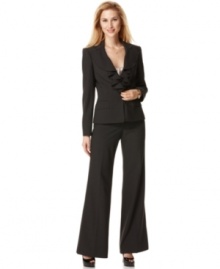 Menswear-inspired with its classic pinstripe but made feminine with a ruffled collar and figure-flattering tailoring, this petite Anne Klein suit rises above the rest!